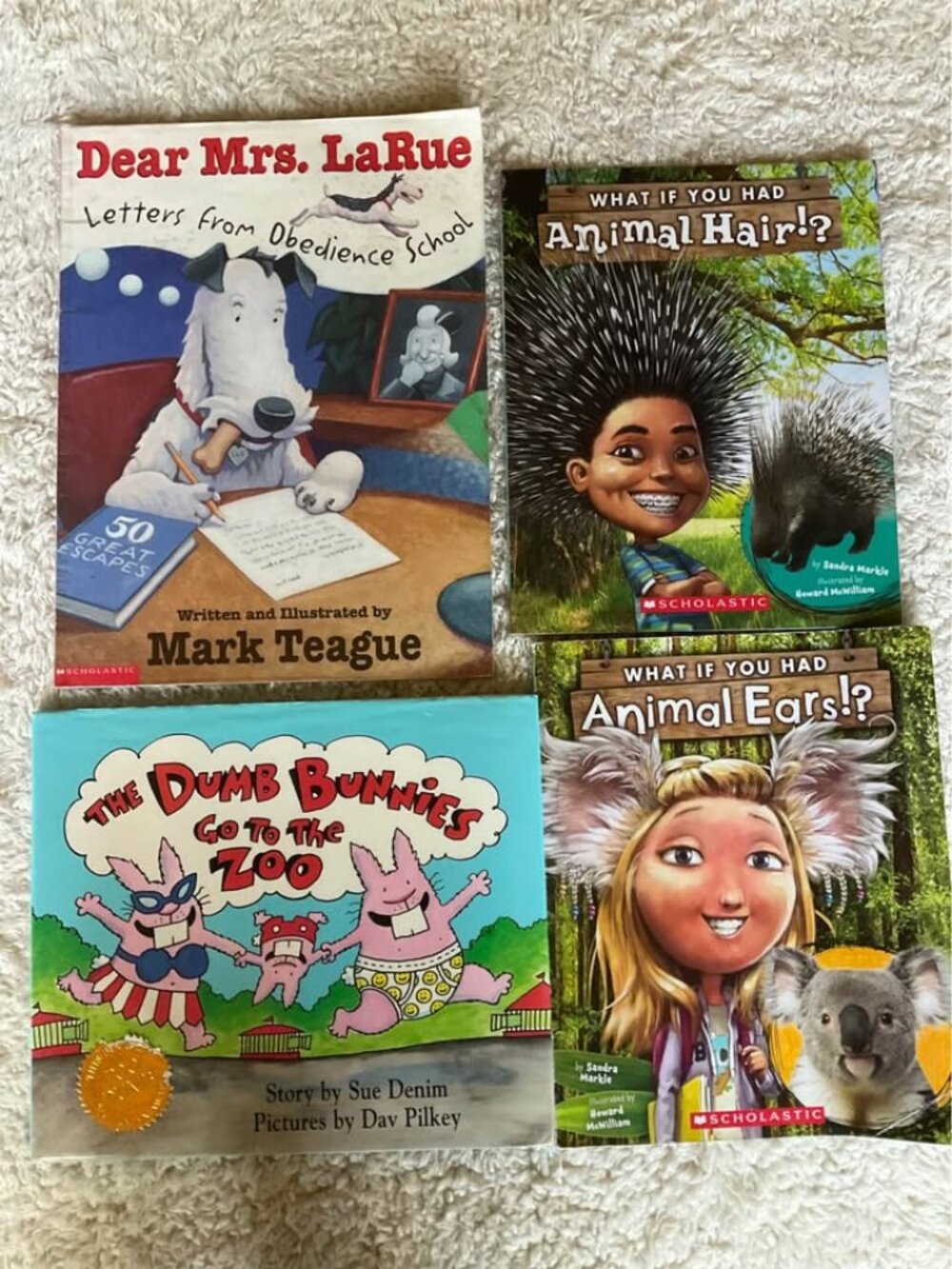 Children's Books: Animal Hair?, Animal Ears?, Dear Mrs. LaRue, The Dumb Bunnies